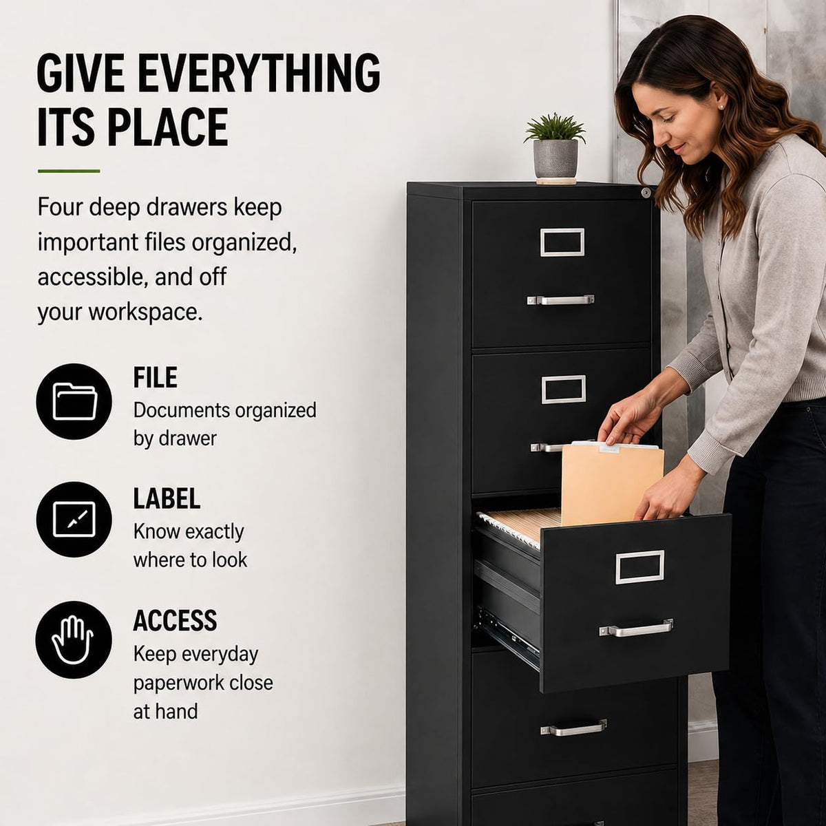 4 Drawers Black Metal Filing Cabinet W1415