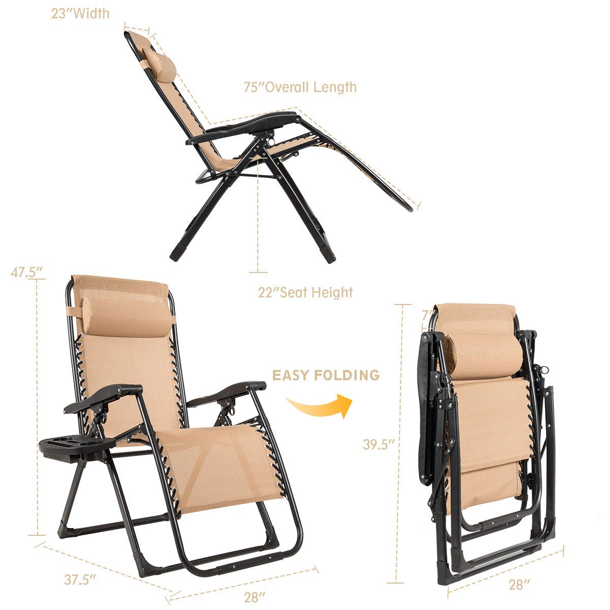 Oversized Zero Gravity Chair with Cup Holder & Detachable Headrest E30953