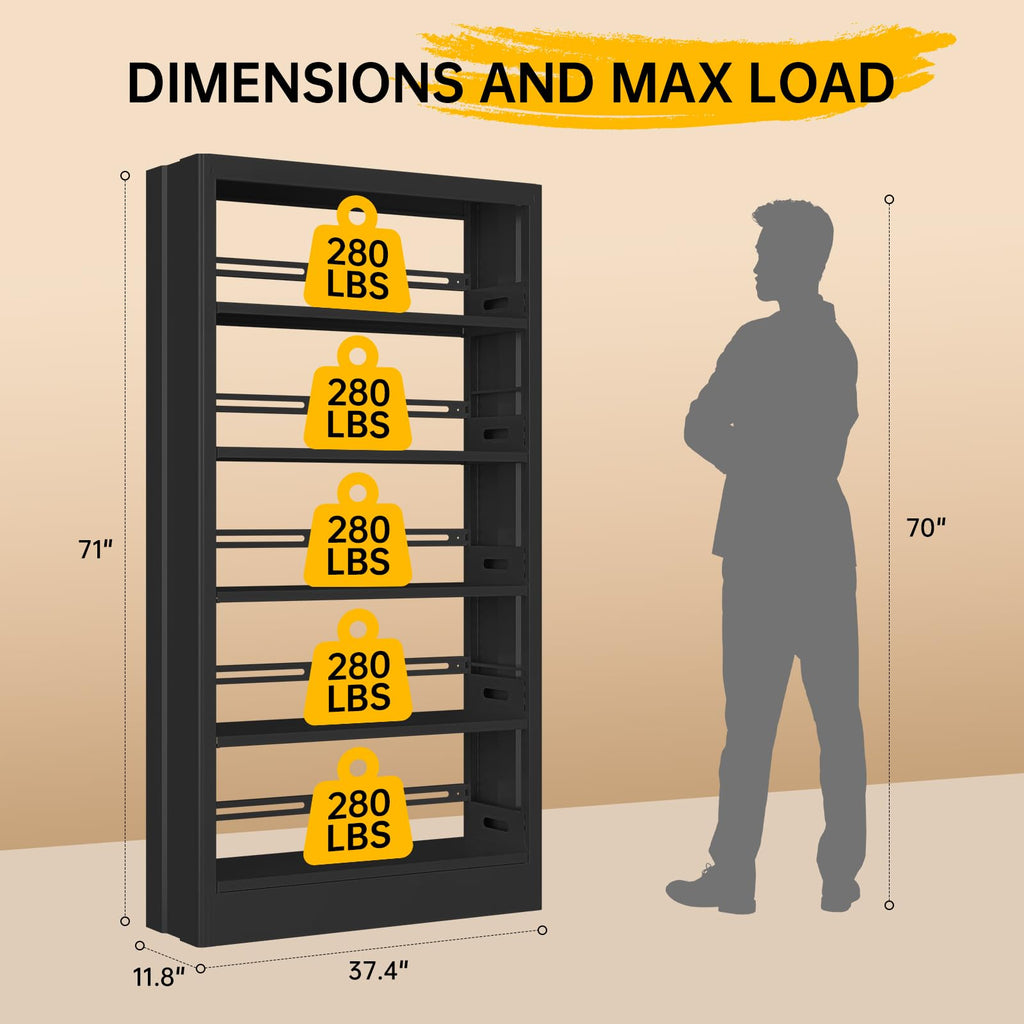 71" Black 5 Tier Metal Bookshelf with Adjustable Shelves F102