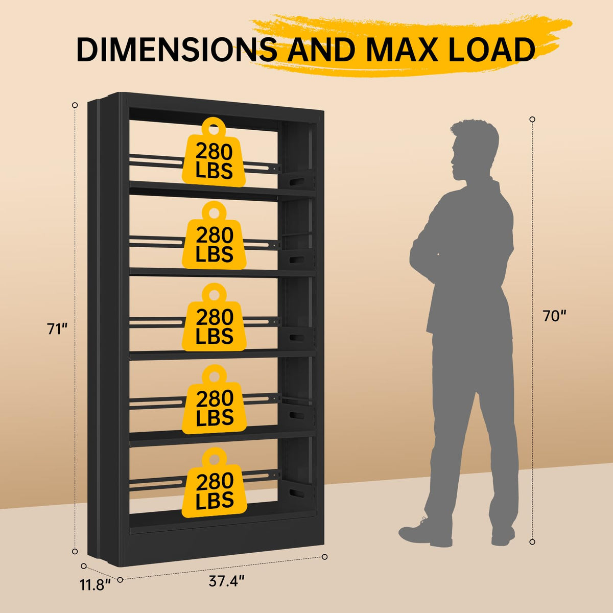 71" Black 5 Tier Metal Bookshelf with Adjustable Shelves F102
