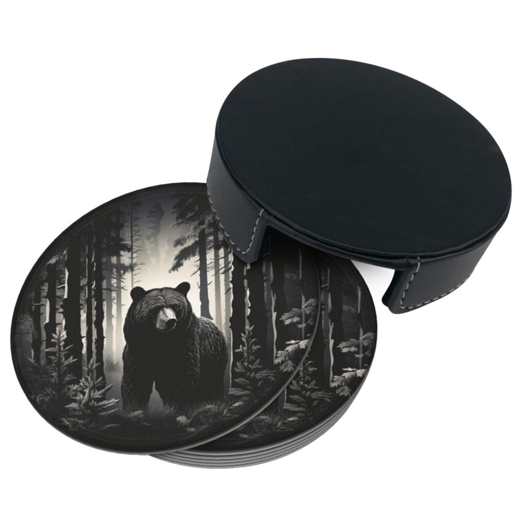 Black 6 Pcs Leather Coasters with Holder X57635