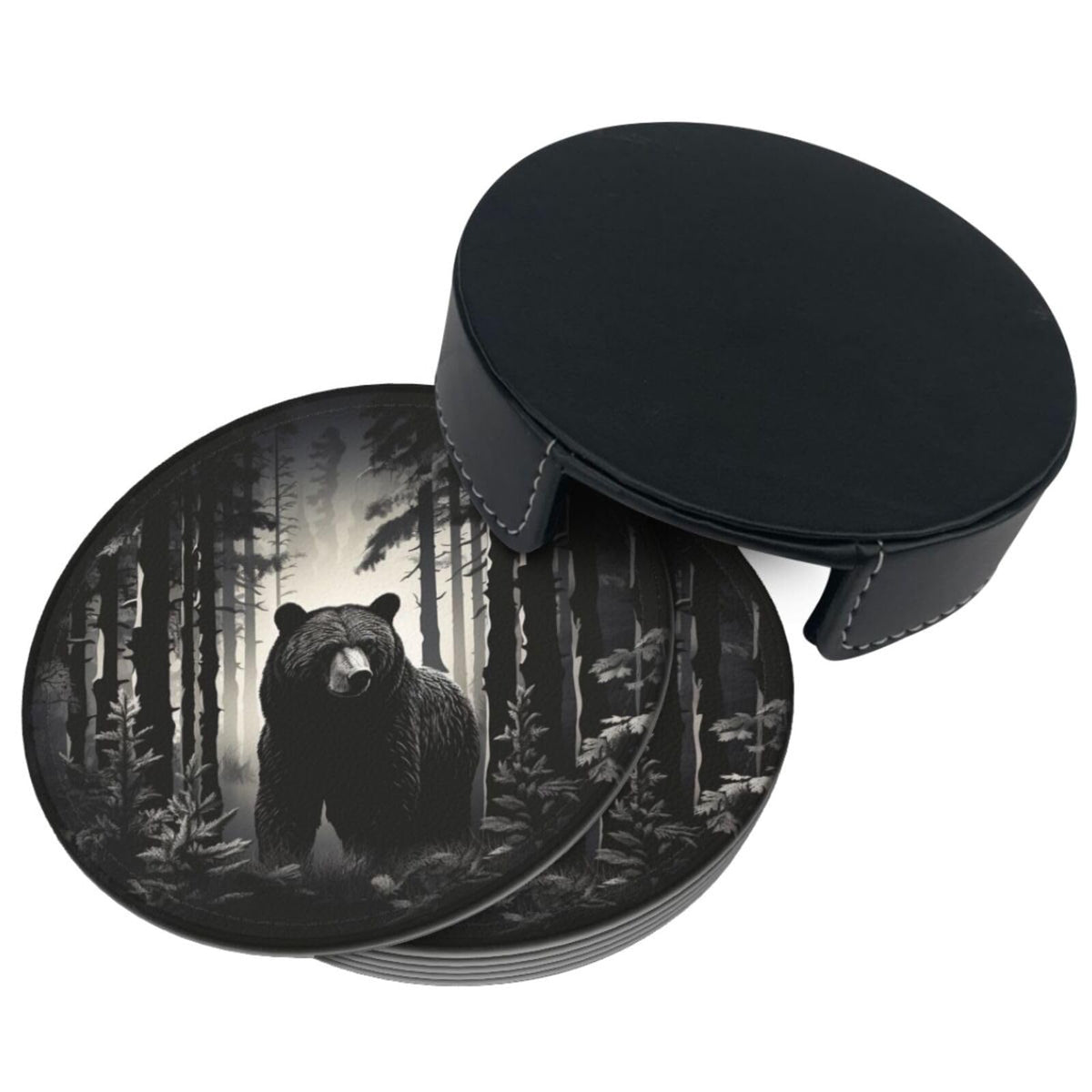 Black 6 Pcs Leather Coasters with Holder X57635