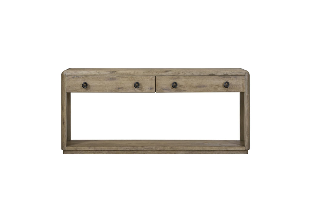 English Knotty Oak Console Table, Solid Wood and Engineered Wood Veneer, Two Self-Closing Drawers, Open Lower Shelf, Rounded Edges, 72 x 16 x 32.25 Inchs, Oak Finish T9895