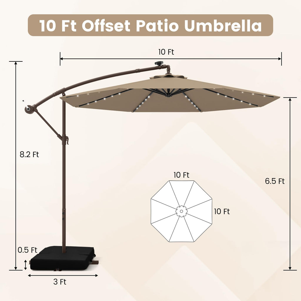 10FT Offset Patio Umbrella with Base and 40 Solar LED Lights Z2977