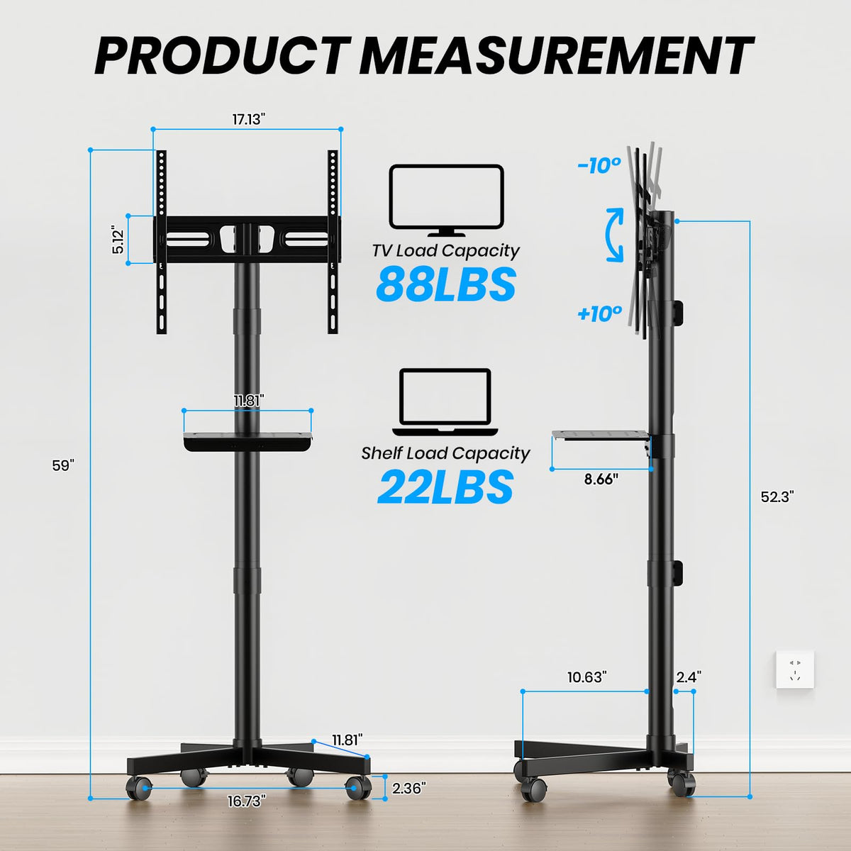 Height Adjustable Rolling TV Cart with Shelf and Locking Wheels G570
