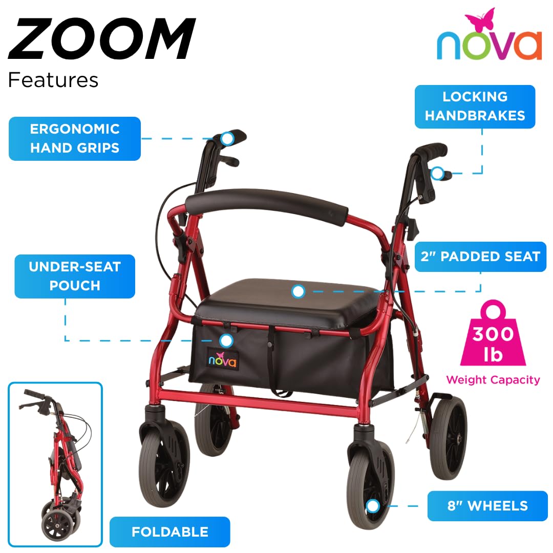 Red Rollator Walker with Padded Seat and 8" Wheels N876