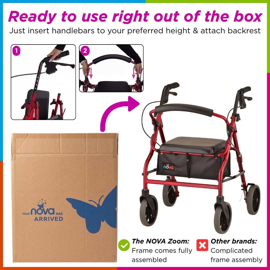 Red Rollator Walker with Padded Seat and 8" Wheels N876