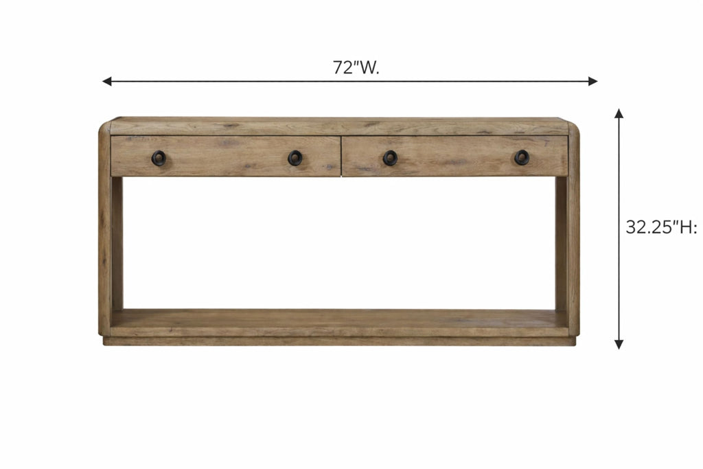 English Knotty Oak Console Table, Solid Wood and Engineered Wood Veneer, Two Self-Closing Drawers, Open Lower Shelf, Rounded Edges, 72 x 16 x 32.25 Inchs, Oak Finish T9895