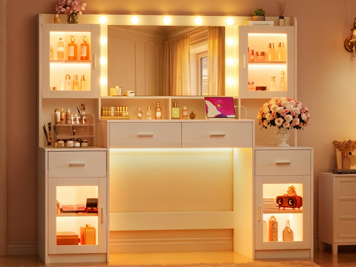 Large White Vanity Desk with Mirror and Lights R1760