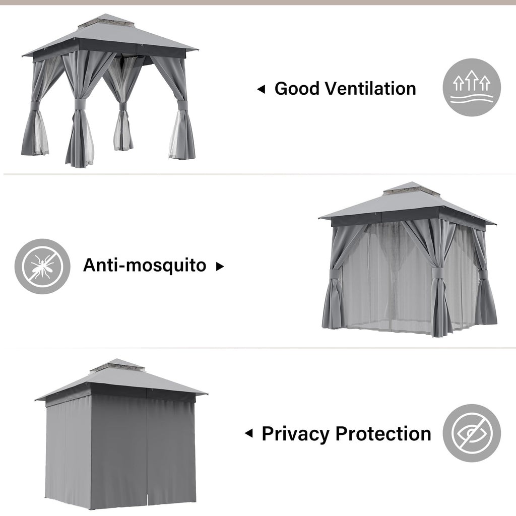 8'x8' Heavy Duty Patio Gazebo with Double Roofs, Mosquito Nettings and Privacy Screens V83895