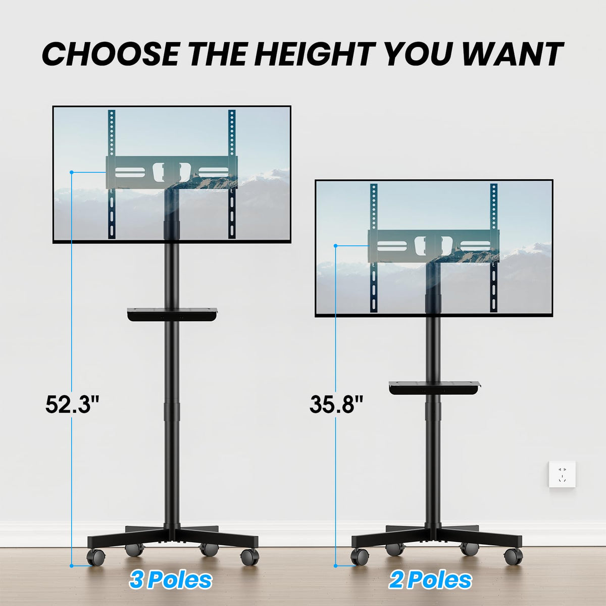 Height Adjustable Rolling TV Cart with Shelf and Locking Wheels G570