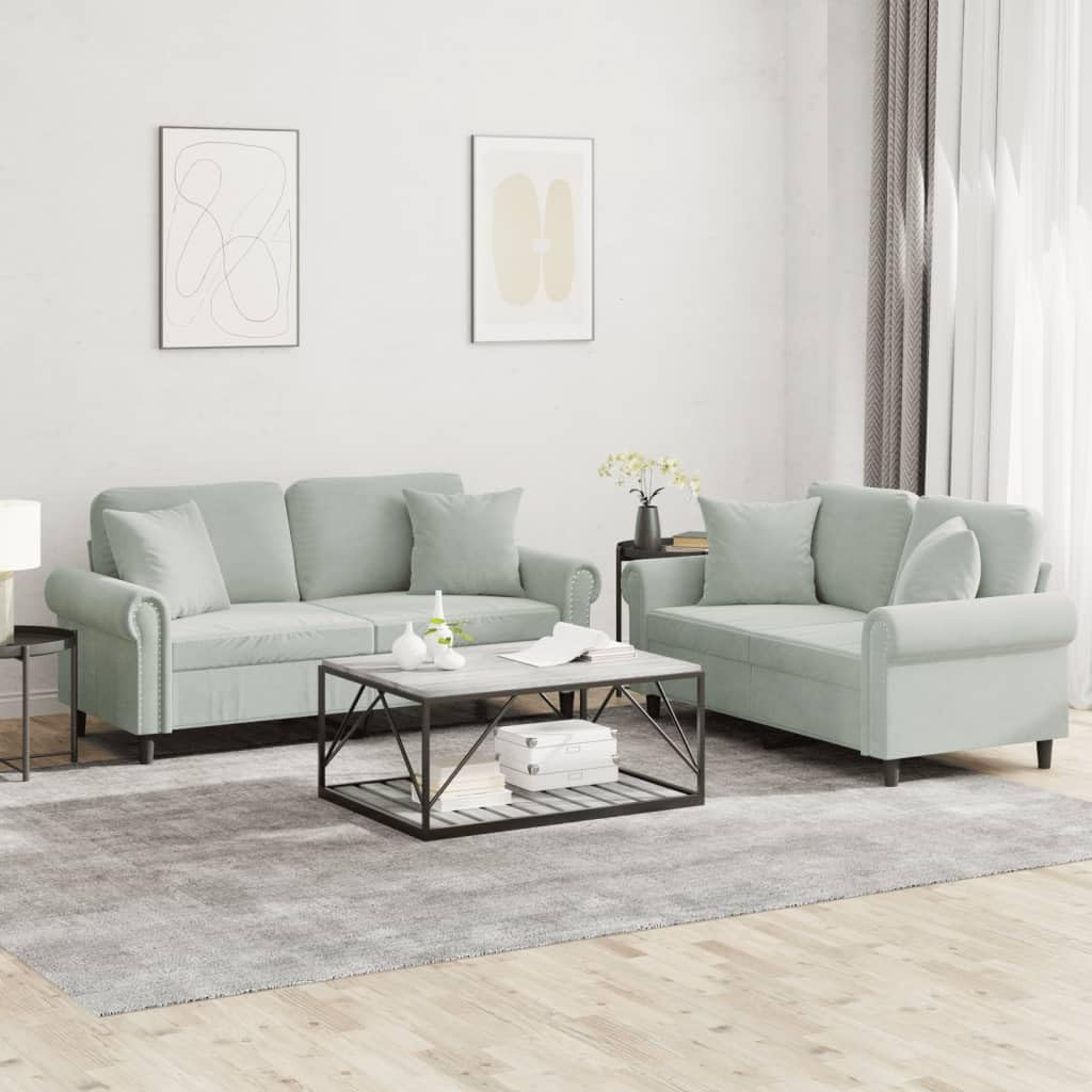 Light Gray Velvet 2 Piece Sofa Set with Pillows N3702