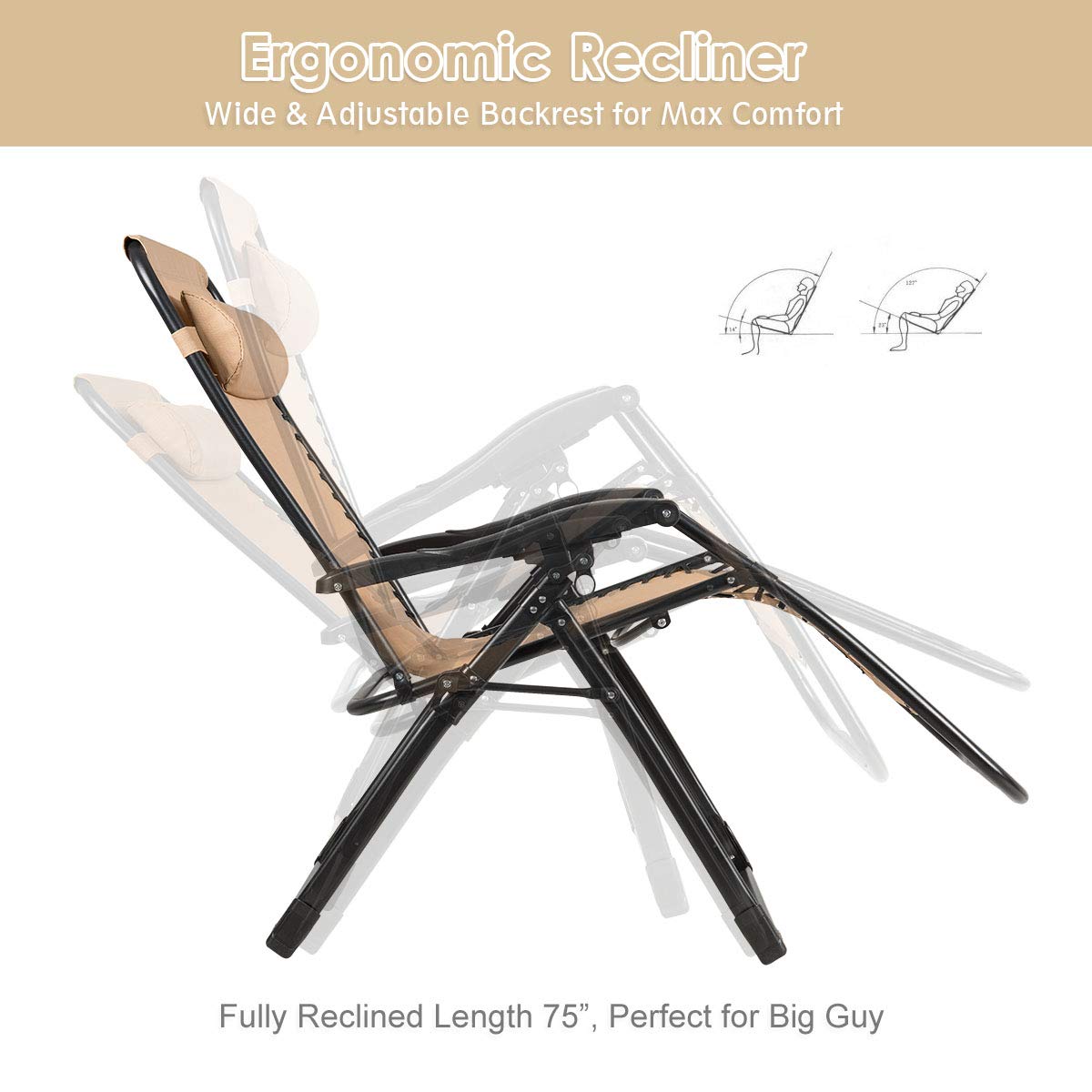 Oversized Zero Gravity Chair with Cup Holder & Detachable Headrest E30953