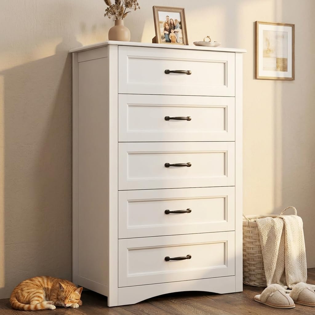 White 5 Drawer Wood Dresser J527