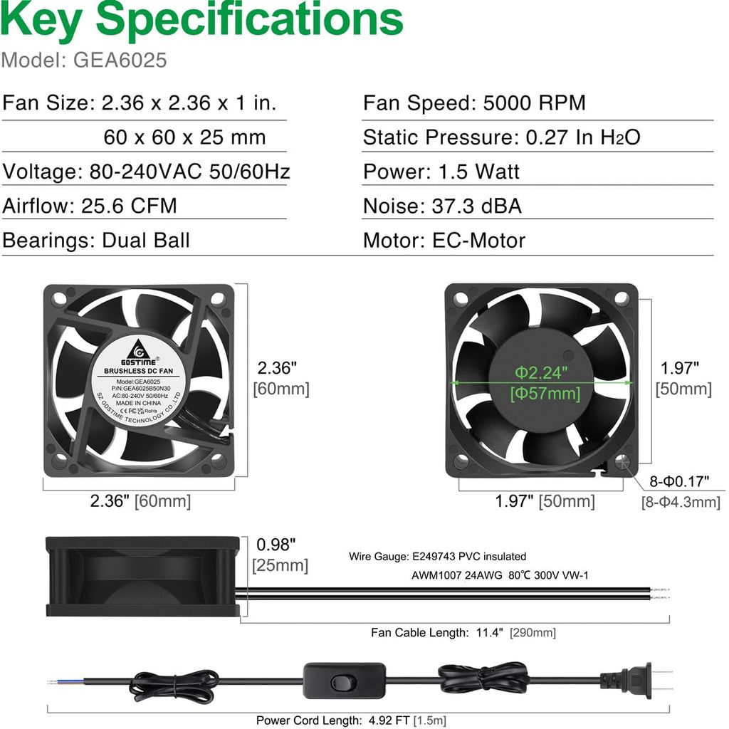 EC Cooling Fan 60mm x 60mm x 25mm AC 110V 240V Dual Ball Bearings Pack of 2 A131