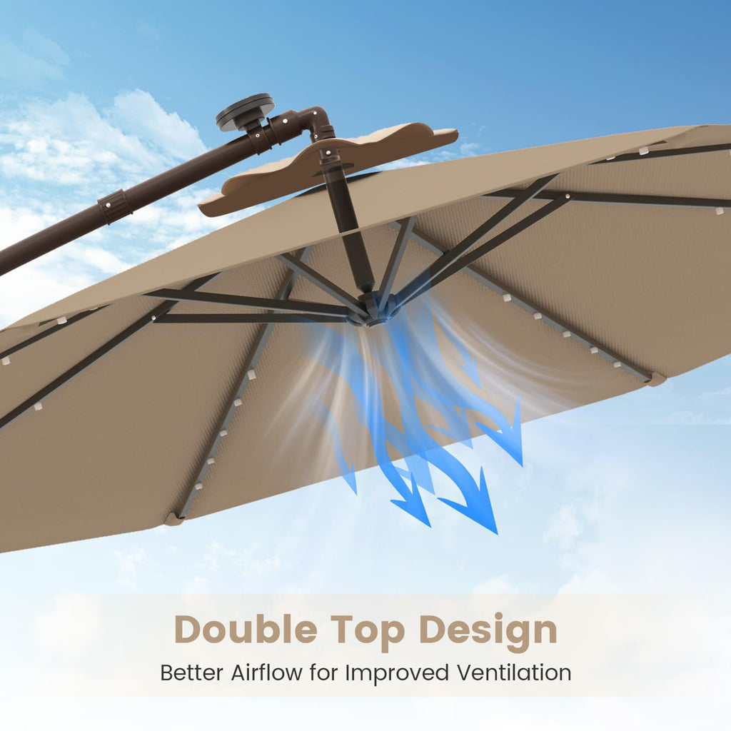 10FT Offset Patio Umbrella with Base and 40 Solar LED Lights Z2977