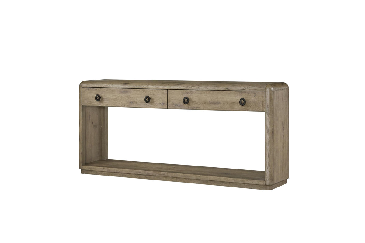English Knotty Oak Console Table, Solid Wood and Engineered Wood Veneer, Two Self-Closing Drawers, Open Lower Shelf, Rounded Edges, 72 x 16 x 32.25 Inchs, Oak Finish T9895