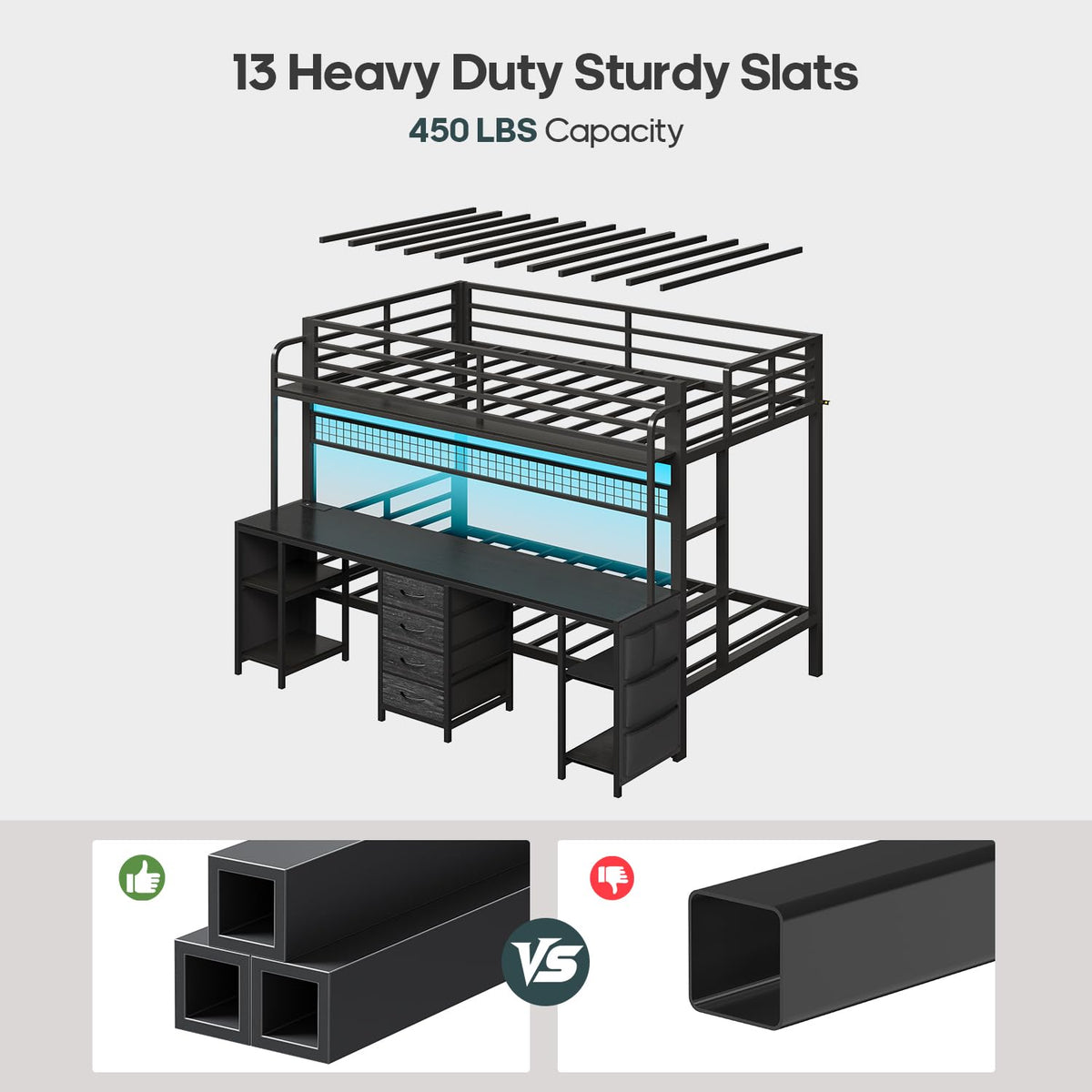 Twin Over Twin Bunk Bed with Desk and LED Lights C802