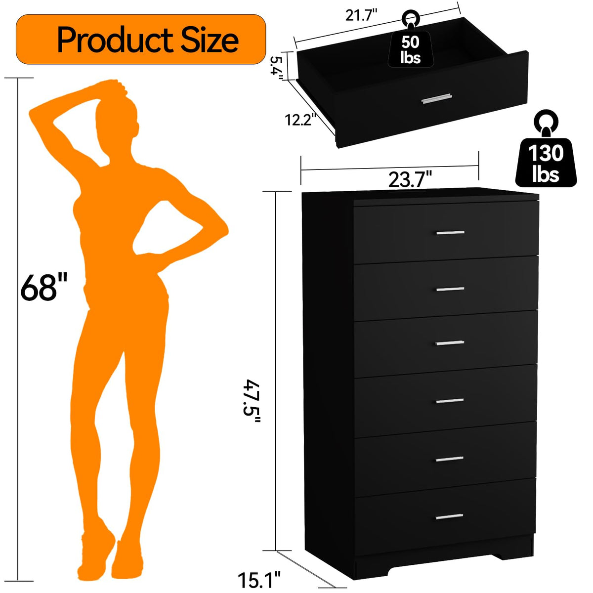 Black 6 Drawer Wood Dresser with Power Outlets C386