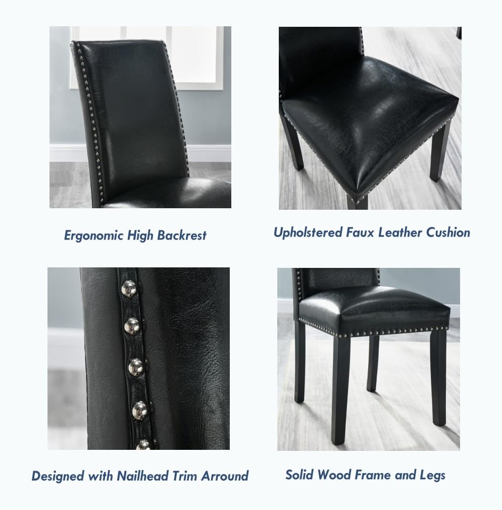 Black Faux Leather Dining Chairs Set of 4 with Wood Legs E5401