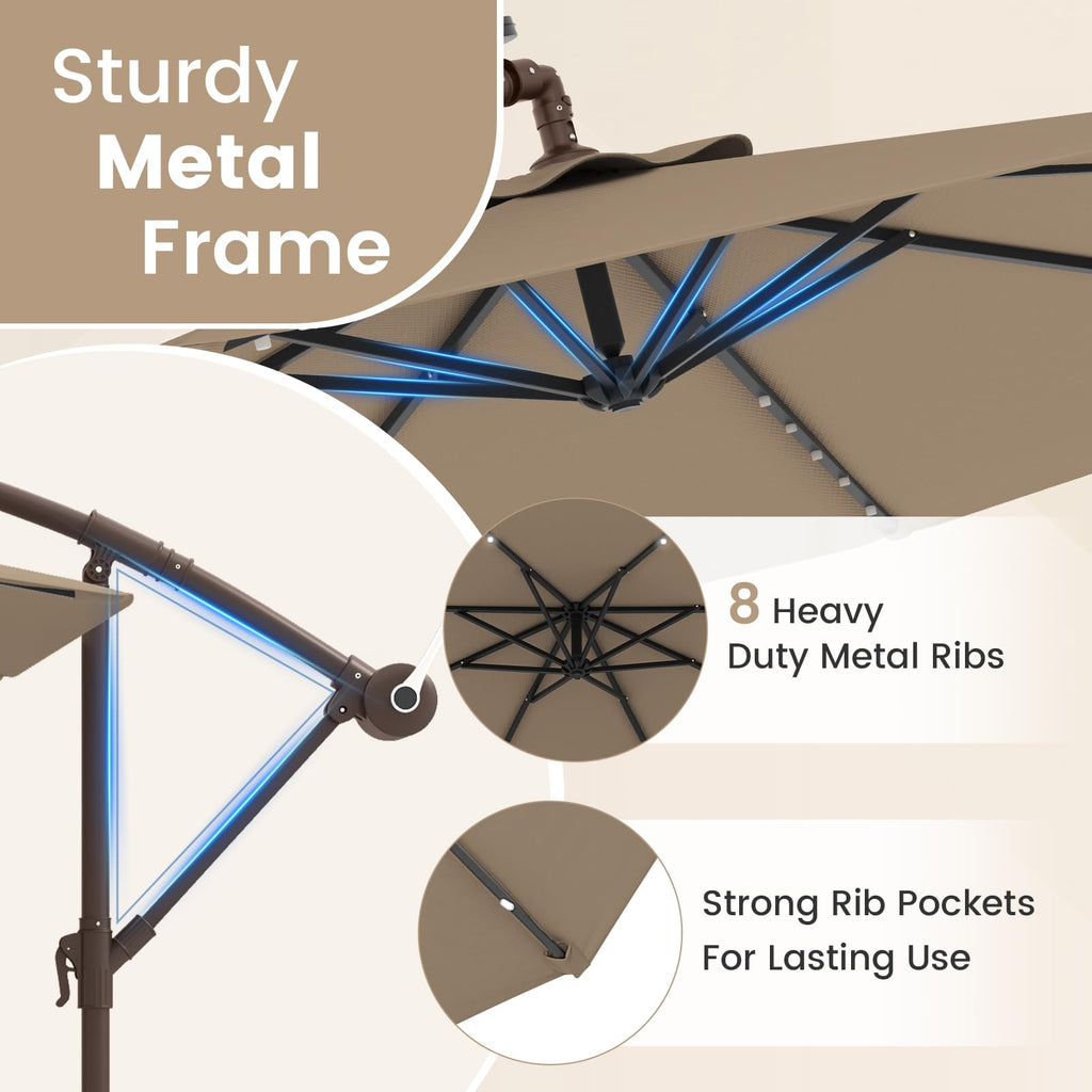 10FT Offset Patio Umbrella with Base and 40 Solar LED Lights Z2977
