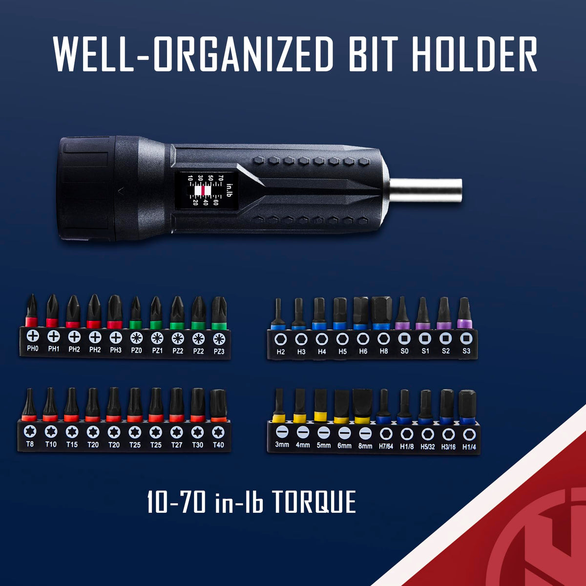 Torque Screwdriver Wrench Set 10-70 Inch Pounds with T-bar Handle, 40 Hex Bits, 1/4" Socket, Black Q4979