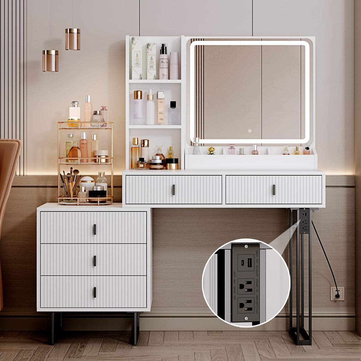 White Vanity Desk with Mirror and 5 Sliding Drawers N89395