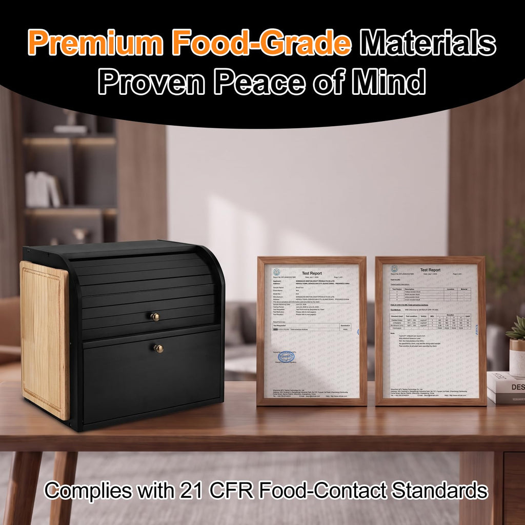 Black Roll Top Bread Box with Cutting Board F961