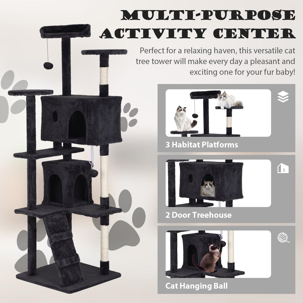 70" Dark Grey Cat Tree Tower with Scratching Post and Bed Y79117