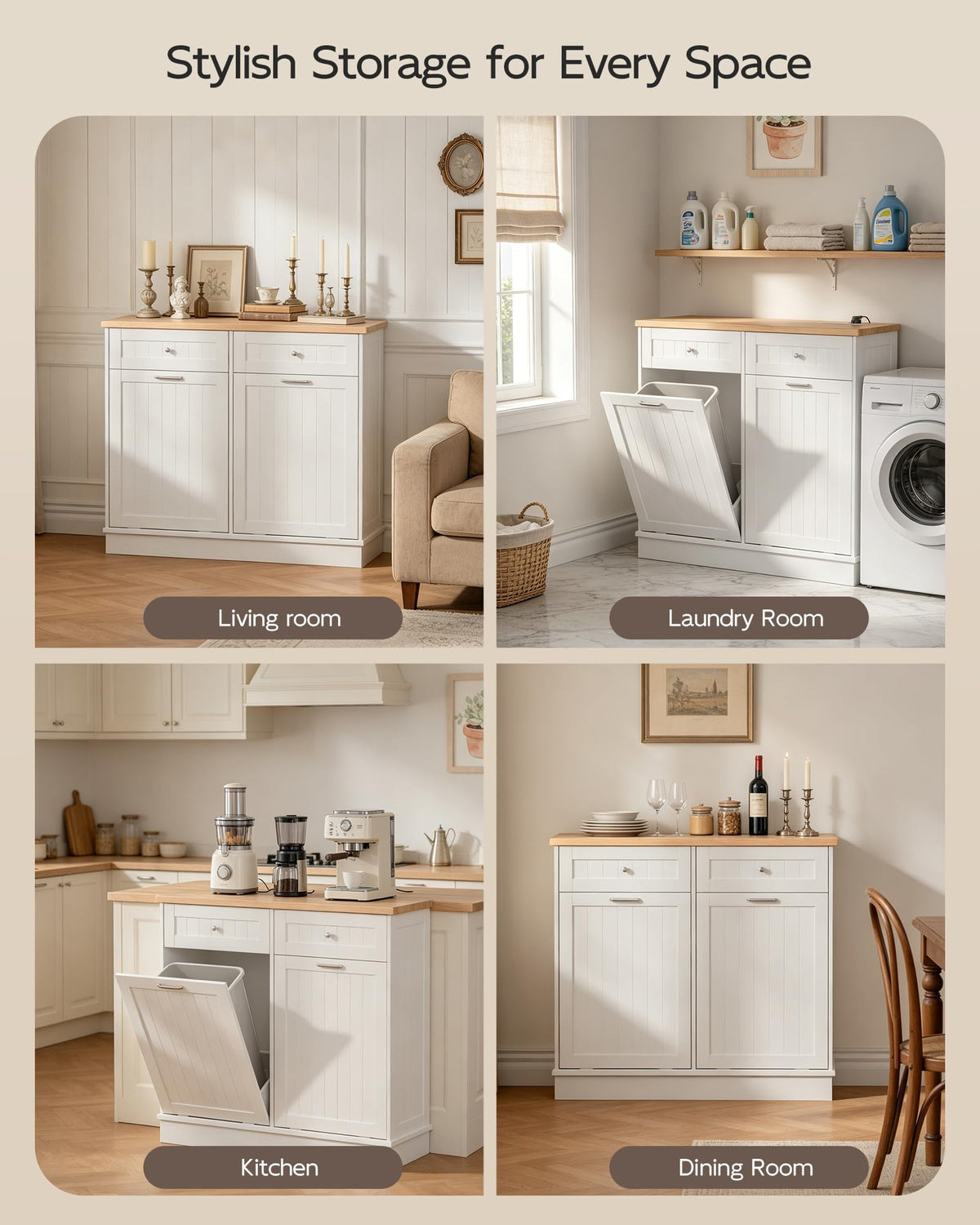 White Wooden Tilt Out Trash Cabinet with 2 Drawers M30250