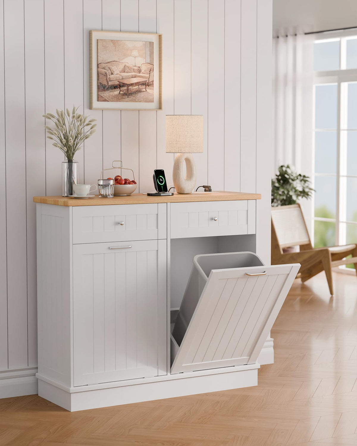 White Wooden Tilt Out Trash Cabinet with 2 Drawers M30250