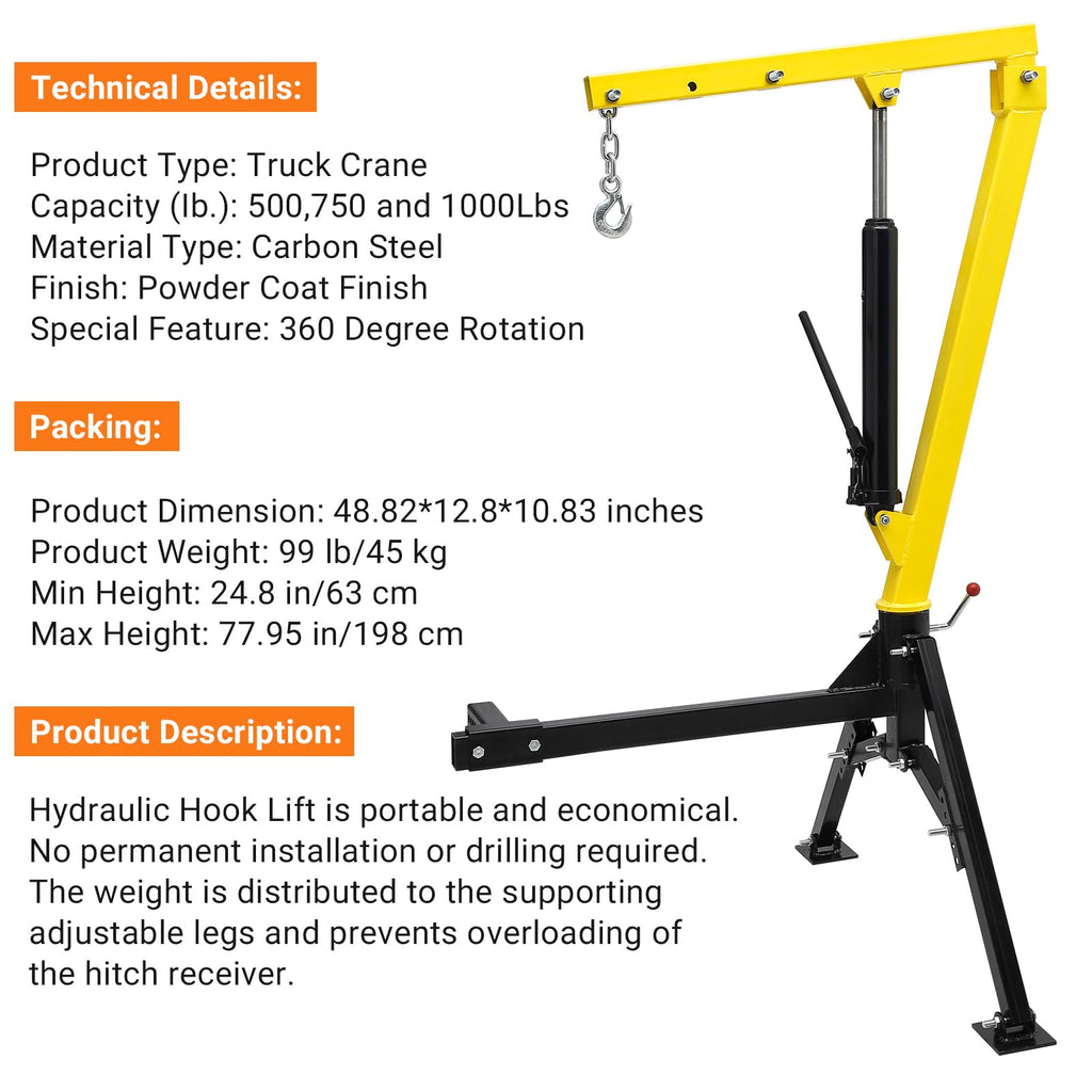 Hydraulic Swivel Hitch Mounted Truck Crane 1000 LBS Capacity R216