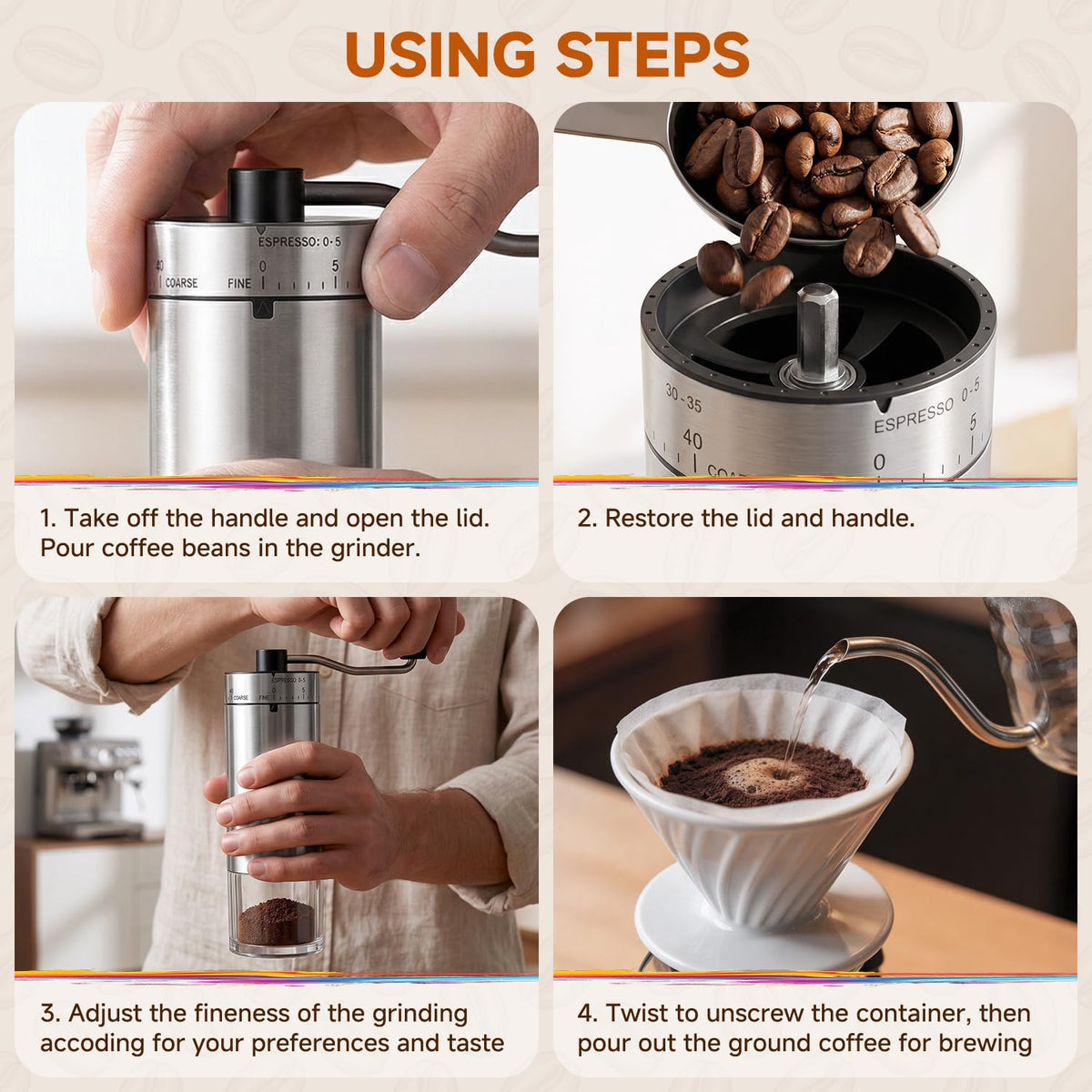 Manual Stainless Steel Conical Burr Coffee Grinder with Hand Crank K8608