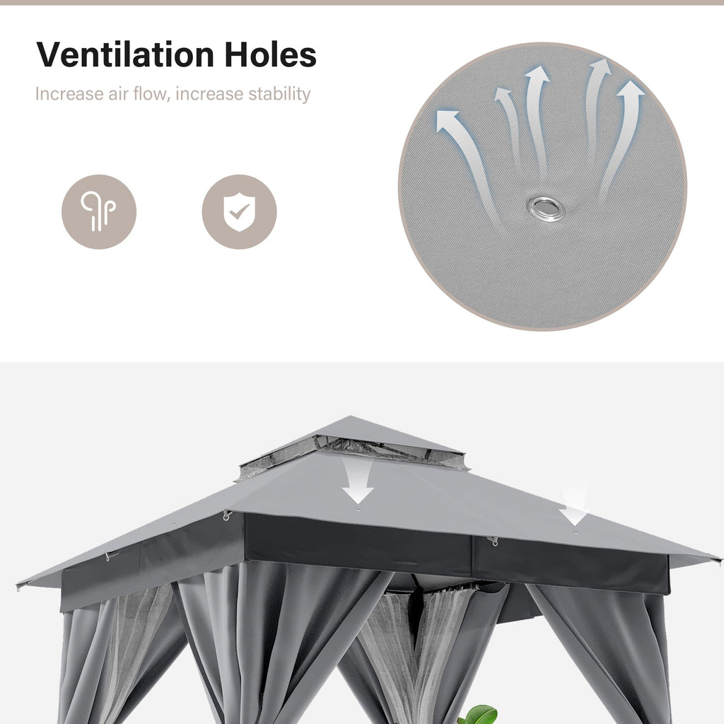 8'x8' Heavy Duty Patio Gazebo with Double Roofs, Mosquito Nettings and Privacy Screens V83895