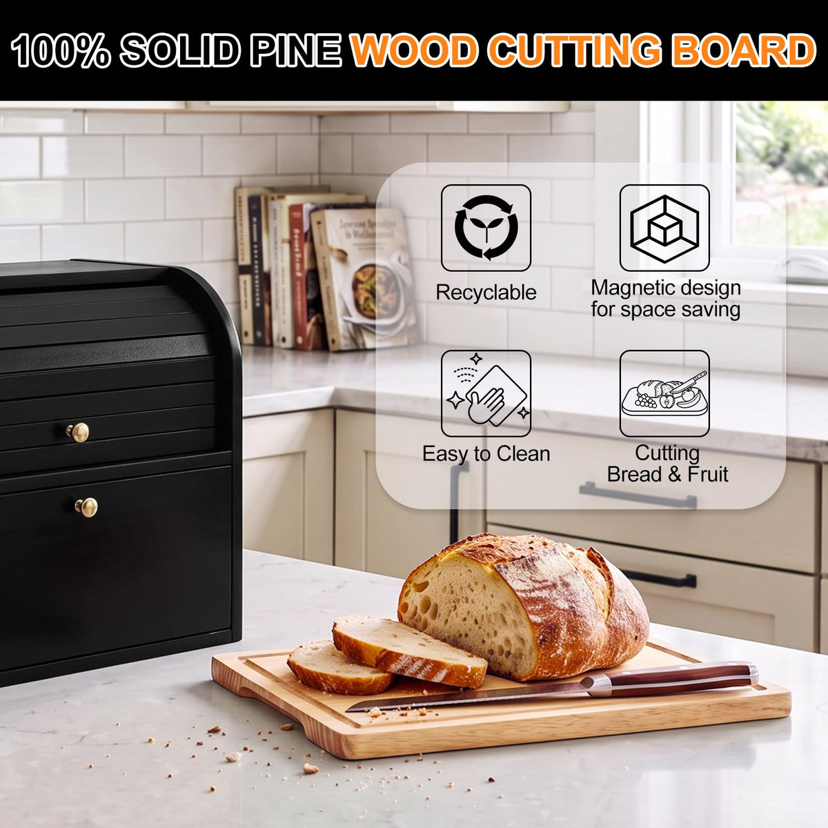 Black Roll Top Bread Box with Cutting Board F961