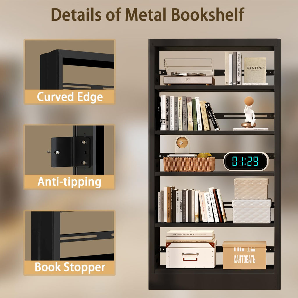 71" Black 5 Tier Metal Bookshelf with Adjustable Shelves F102