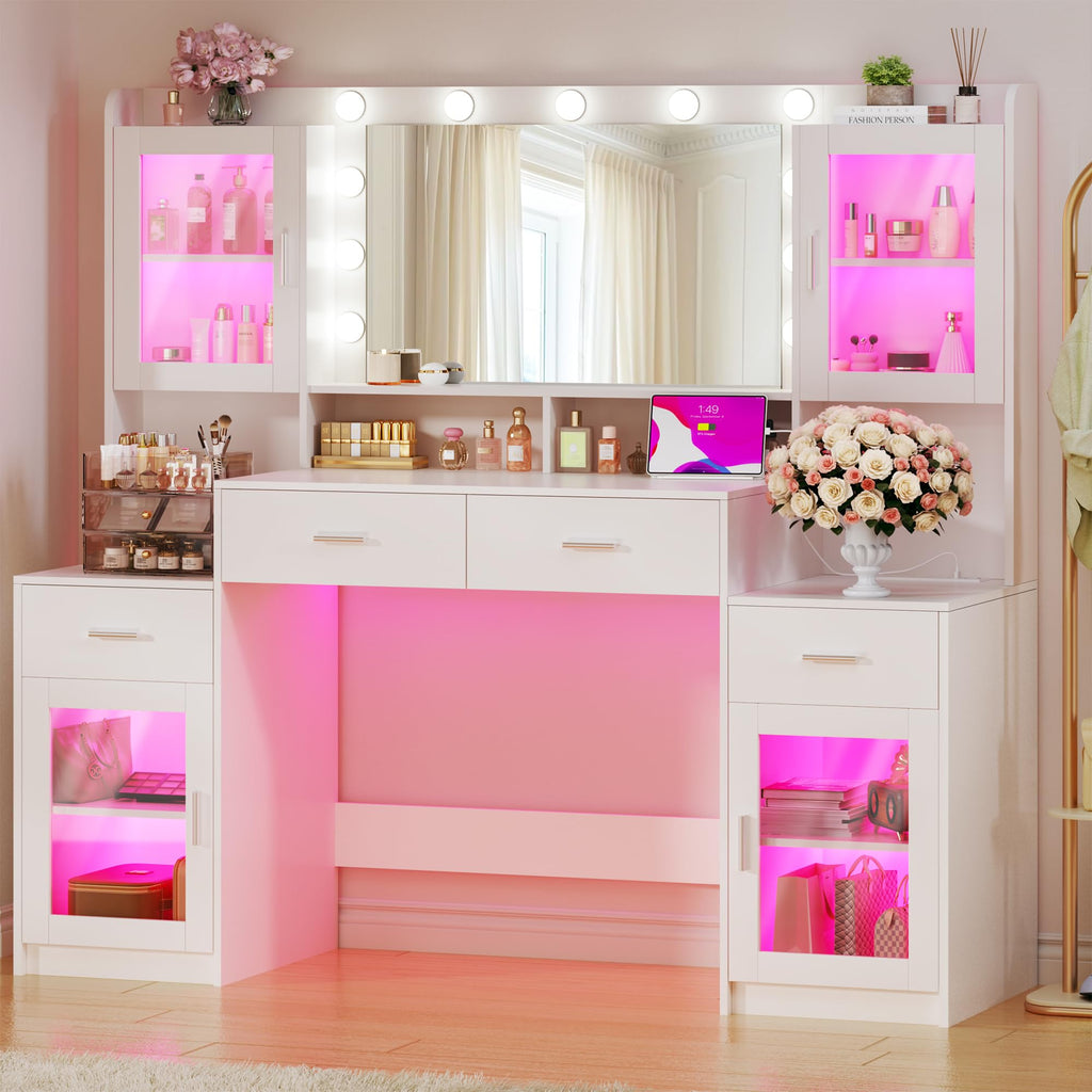 Large White Vanity Desk with Mirror and Lights R1760