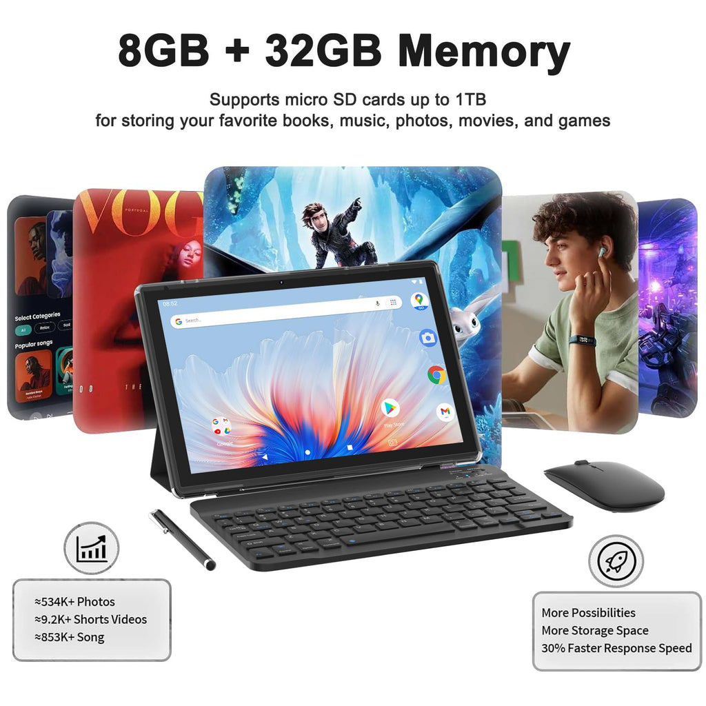Android 14 2 in 1 Tablet with Keyboard 10 inch 8GB+64GB Black N823971