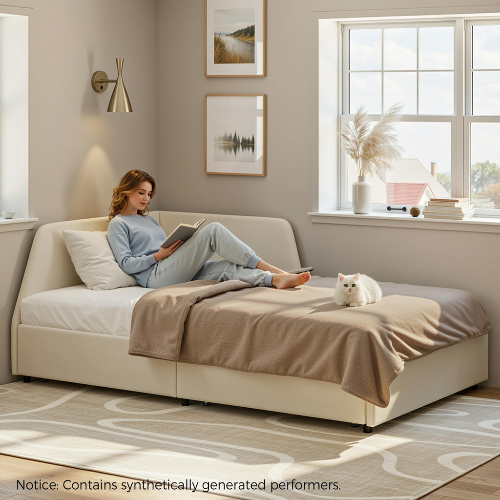 Twin Corner Daybed with 2 Drawers and Headboard, Beige S21654