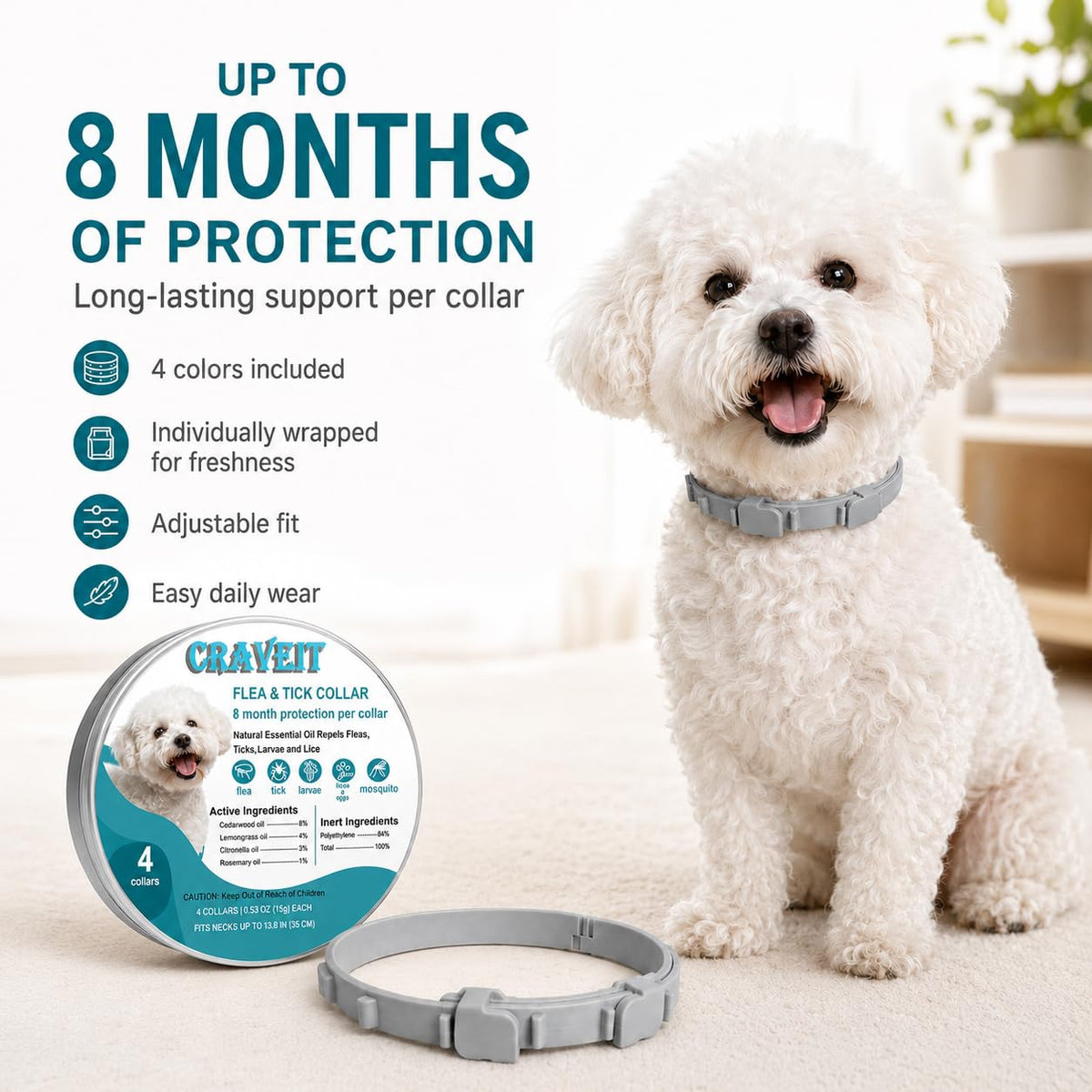 Flea and Tick Collar for Dogs, 4 Pack, Small Dogs Under 18 lbs I447209