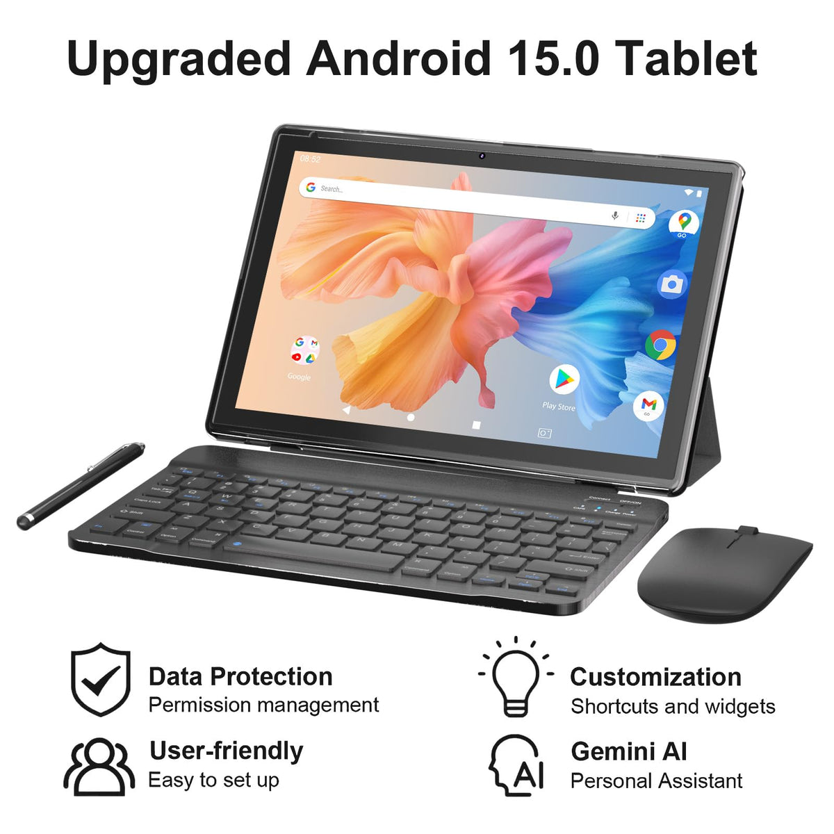 Android 14 2 in 1 Tablet with Keyboard 10 inch 8GB+64GB Black N823971