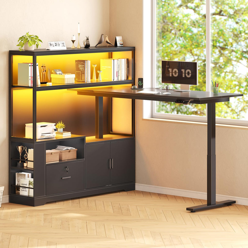 57" L Shaped Standing Desk with Storage Hutch G602347