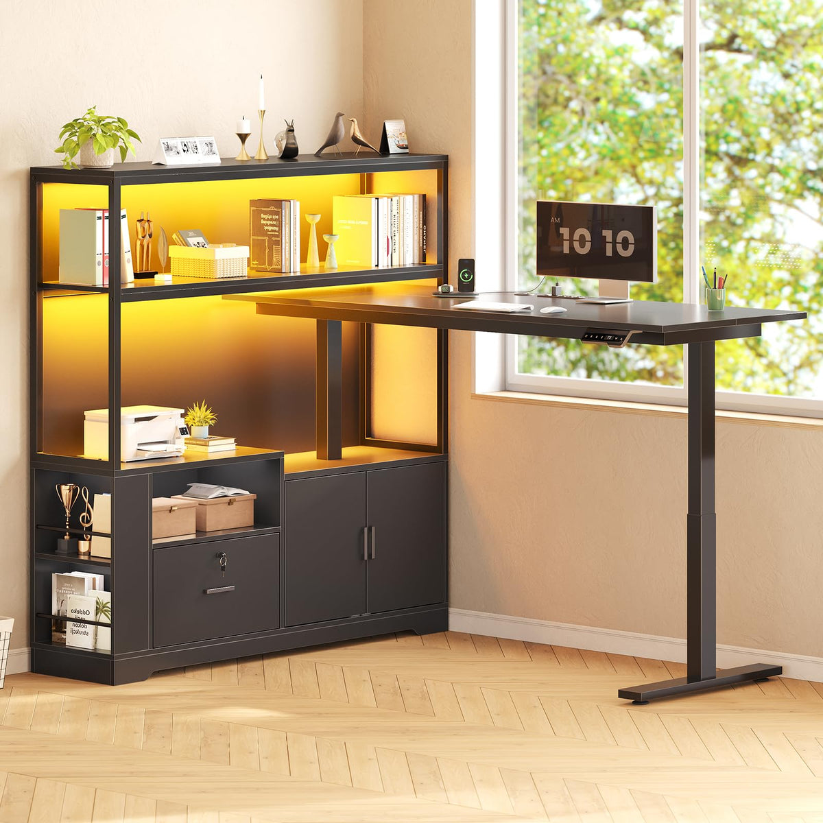 57" L Shaped Standing Desk with Storage Hutch G602347
