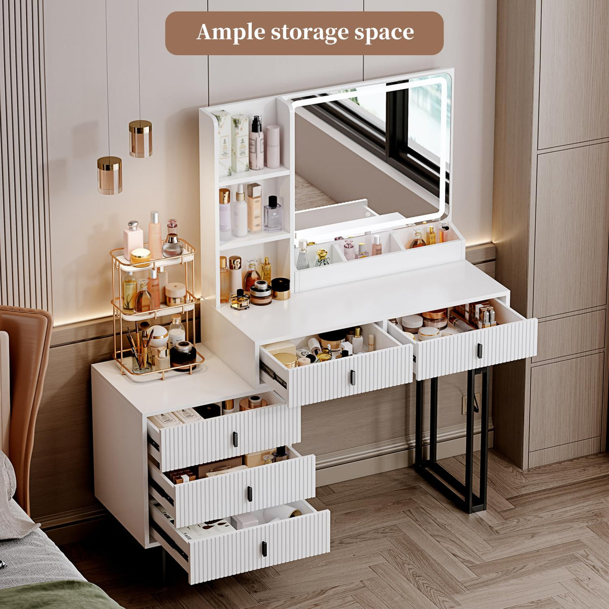 White Vanity Desk with Mirror and 5 Sliding Drawers N89395