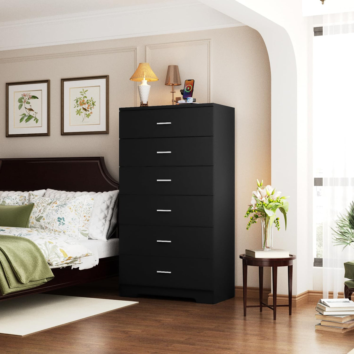 Black 6 Drawer Wood Dresser with Power Outlets C386