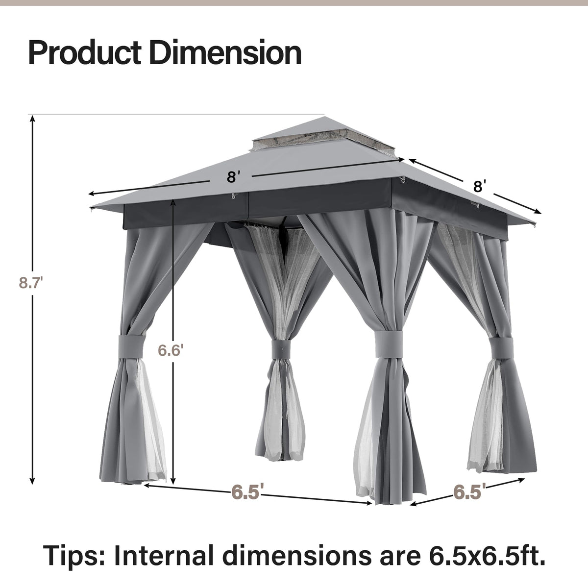 8'x8' Heavy Duty Patio Gazebo with Double Roofs, Mosquito Nettings and Privacy Screens V83895