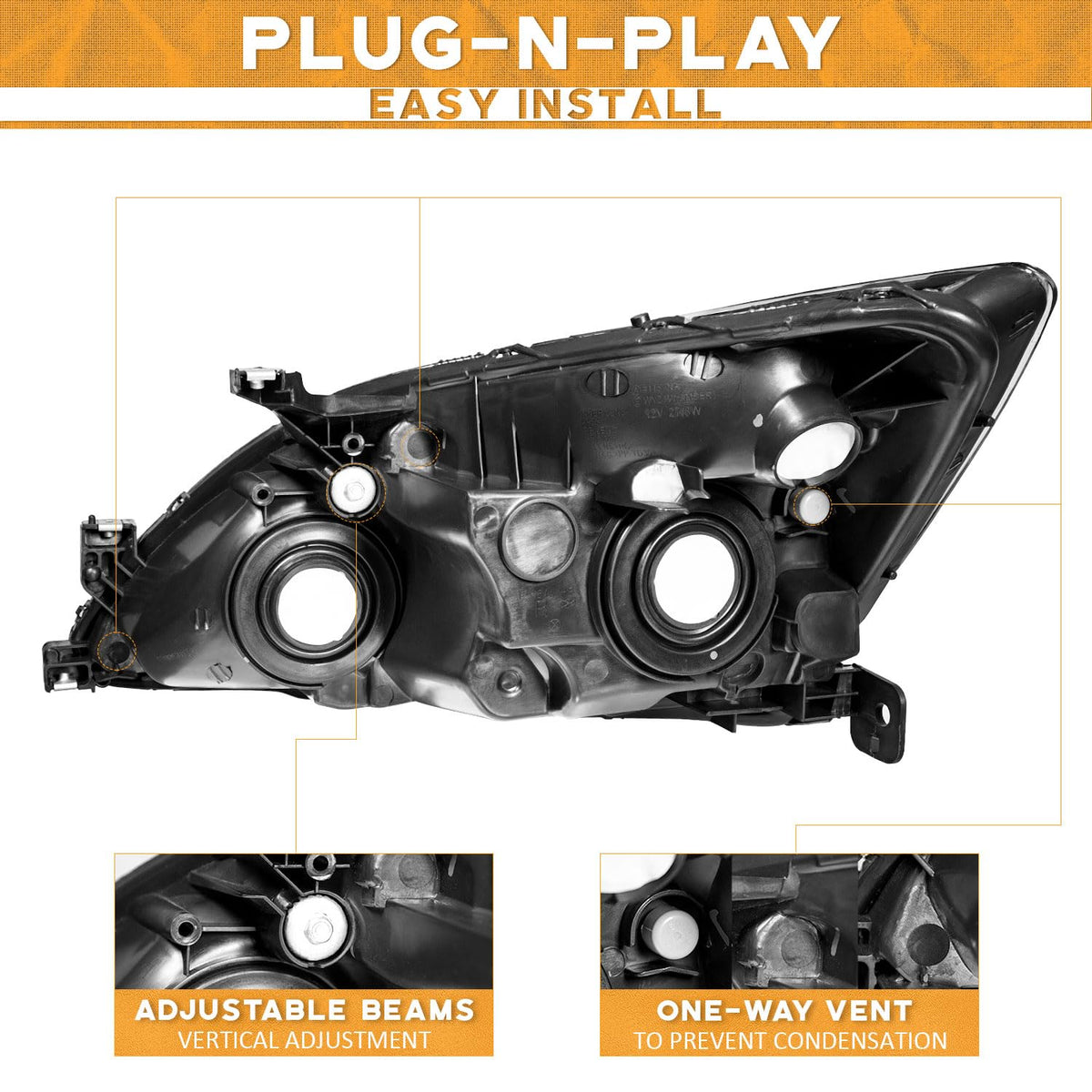 Headlights for 2003-2007 Honda Accord Chrome Housing Amber Reflector Left+Right N6181