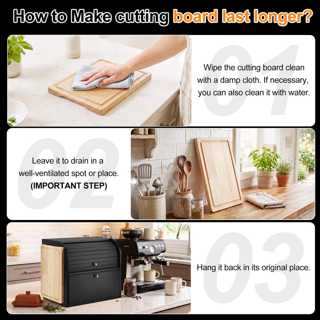 Black Roll Top Bread Box with Cutting Board F961