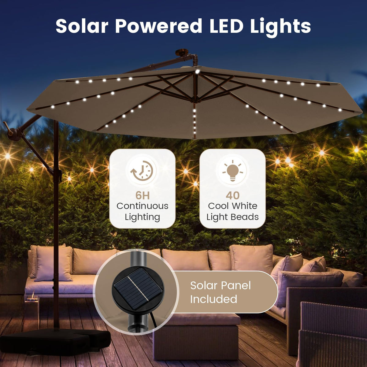 10FT Offset Patio Umbrella with Base and 40 Solar LED Lights Z2977