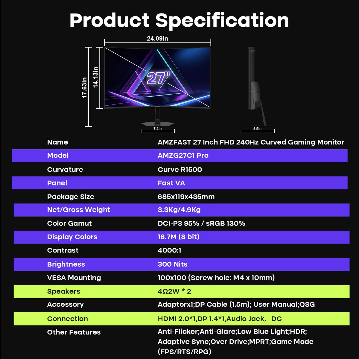 27 inch 240Hz Curved FHD 1080p Gaming Monitor S7443